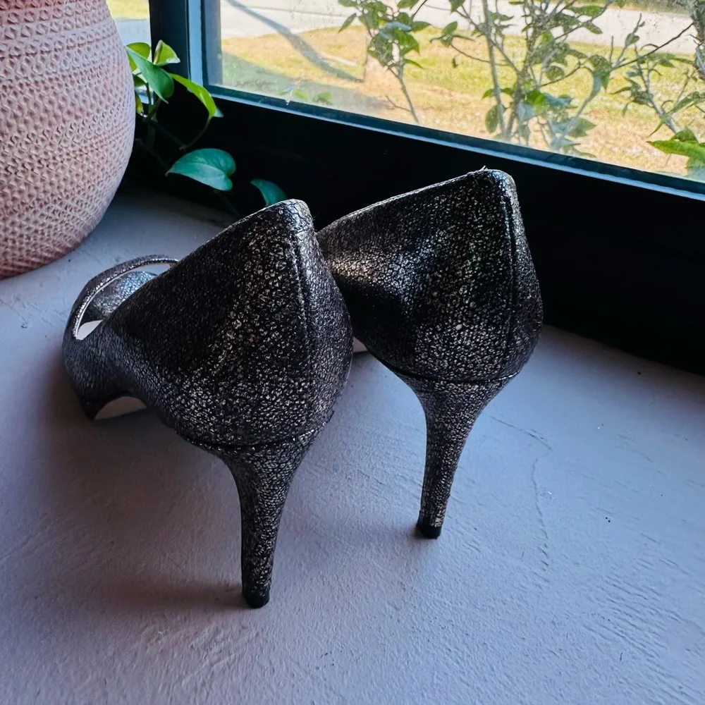 Nine West silver glitter peep-toe pump cocktail party evening wear heels Size 8M